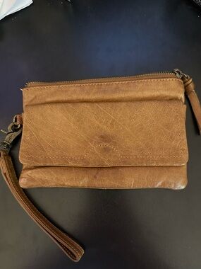 Classic Tan Leather Wristlet Clutch